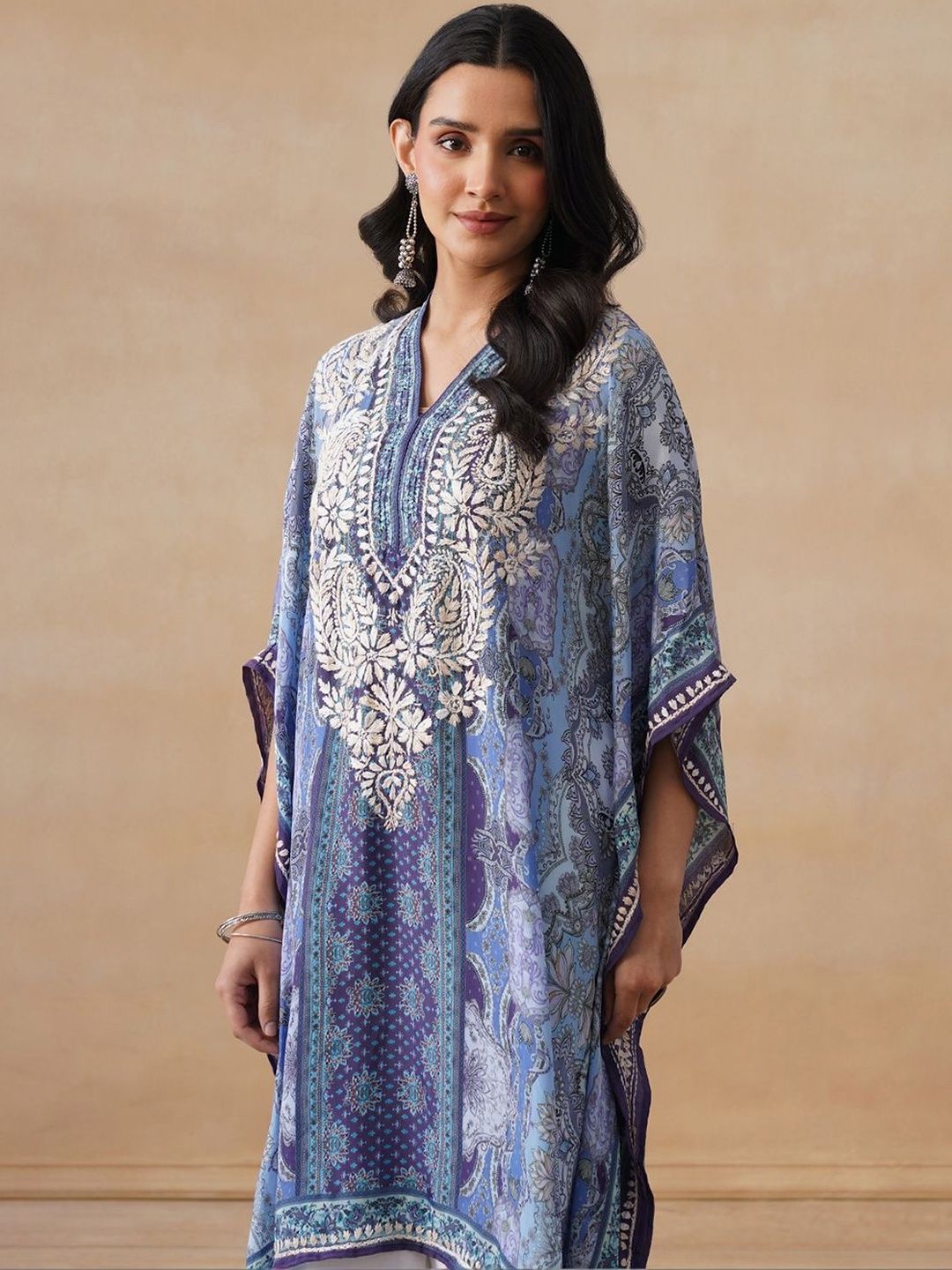 House of Chikankari Women Green Printed Crepe Kaftan Kurta