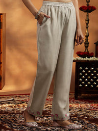 Libas Floral Yoke Design V-Neck Thread Work A-Line Kurta With Trousers And Dupatta