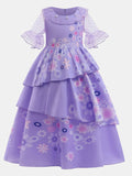 YK Girls Floral Print Bell Sleeves Embellished Layered Fit & Flare Maxi Dress