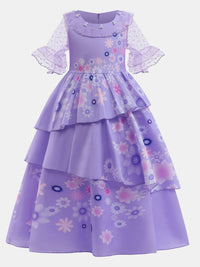 YK Girls Floral Print Bell Sleeves Embellished Layered Fit & Flare Maxi Dress