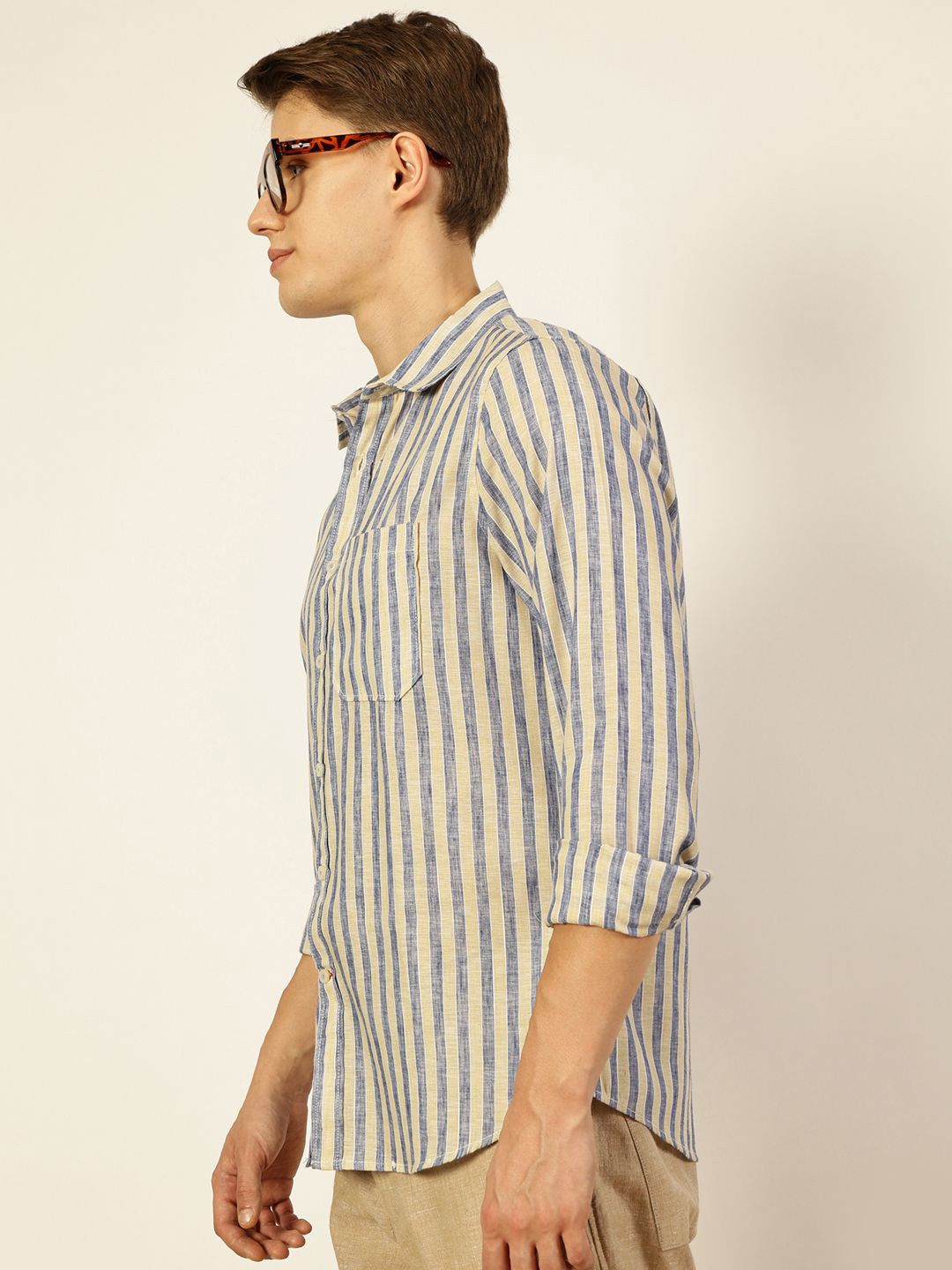 Thomas Scott Men Premium Spread Collar Vertical Striped Linen Slim Fit Casual Shirt