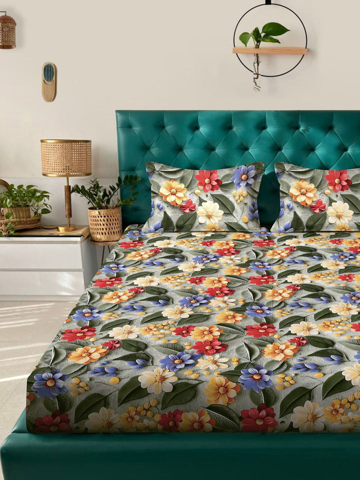 KLOTTHE Green Floral Printed Dilengkapi 300 TC King Double 7D Cadar Dengan 2 Sarung Bantal