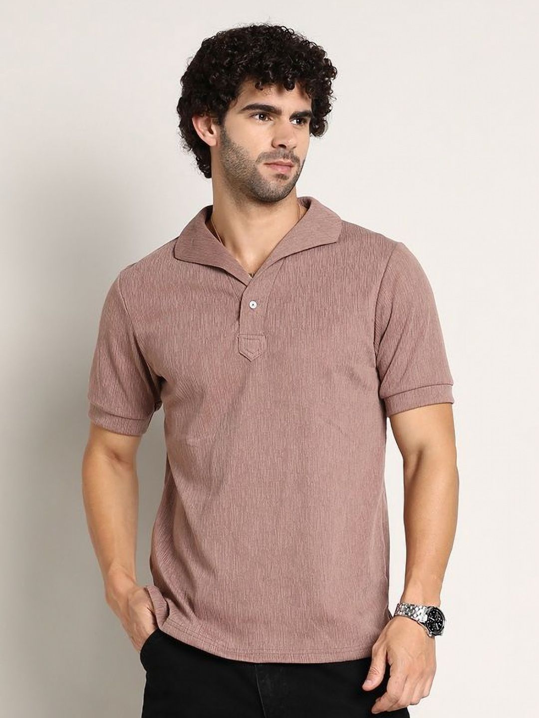 Campus Sutra Men Self Design Polo Collar Cotton T-shirt