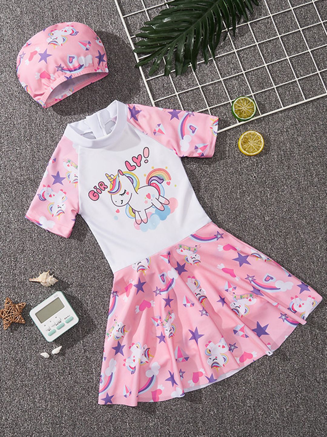 YK Girls Printed Round Neck Swim Dress With Swim Cap