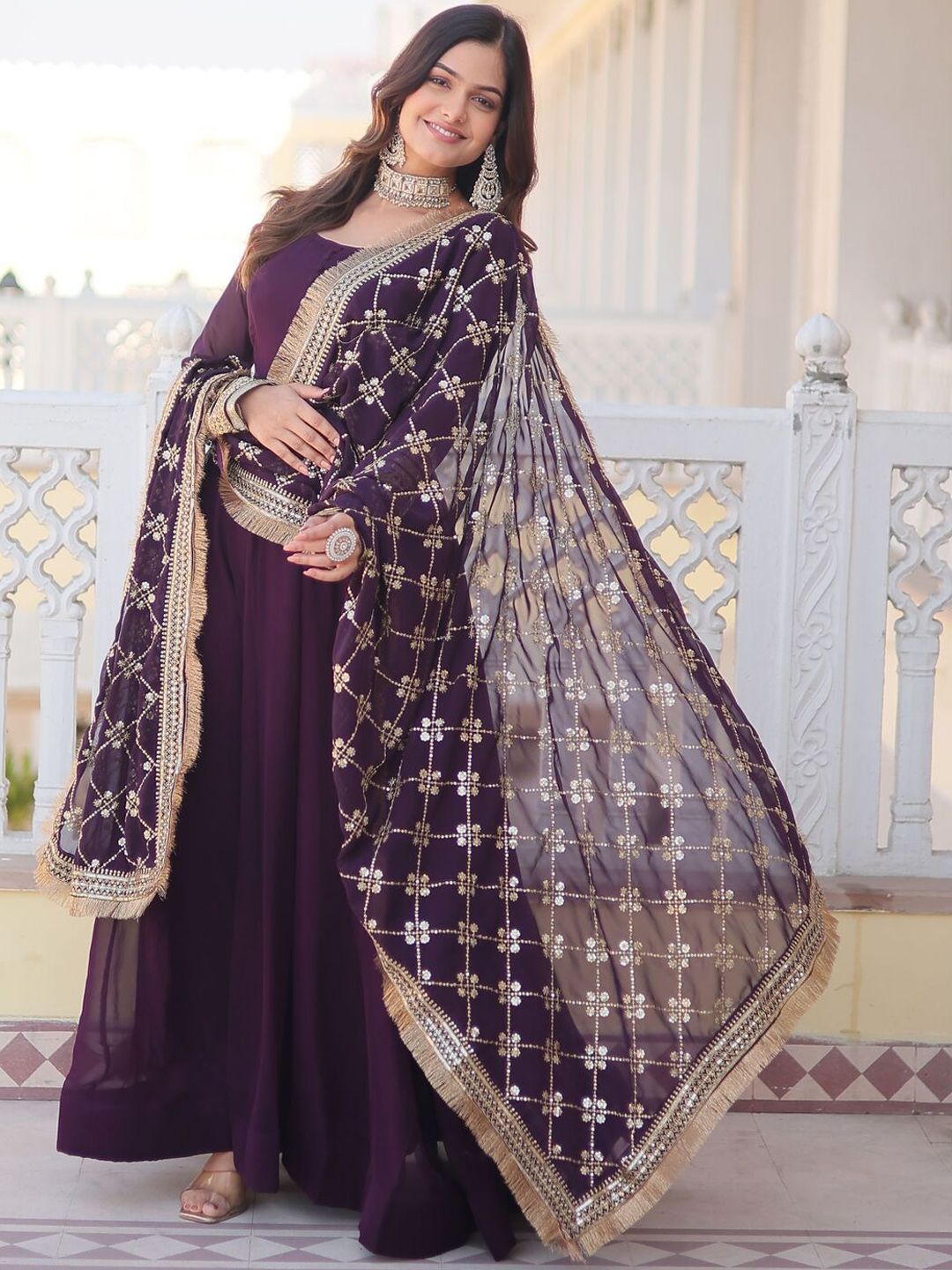 KALINI Women Embroidered Regular Sequinned Kurta with Pyjamas & With Dupatta