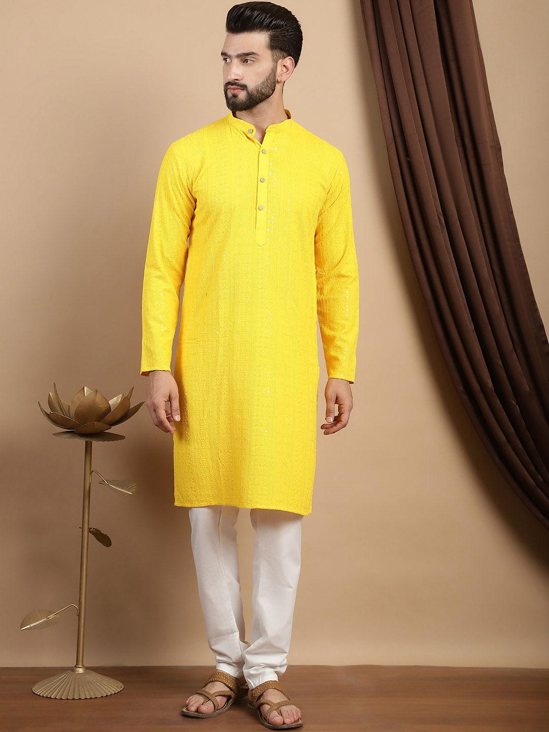 Anouk Ethnic Motifs Embroidered Sequinned Pure Cotton Straight Kurta With Churidar