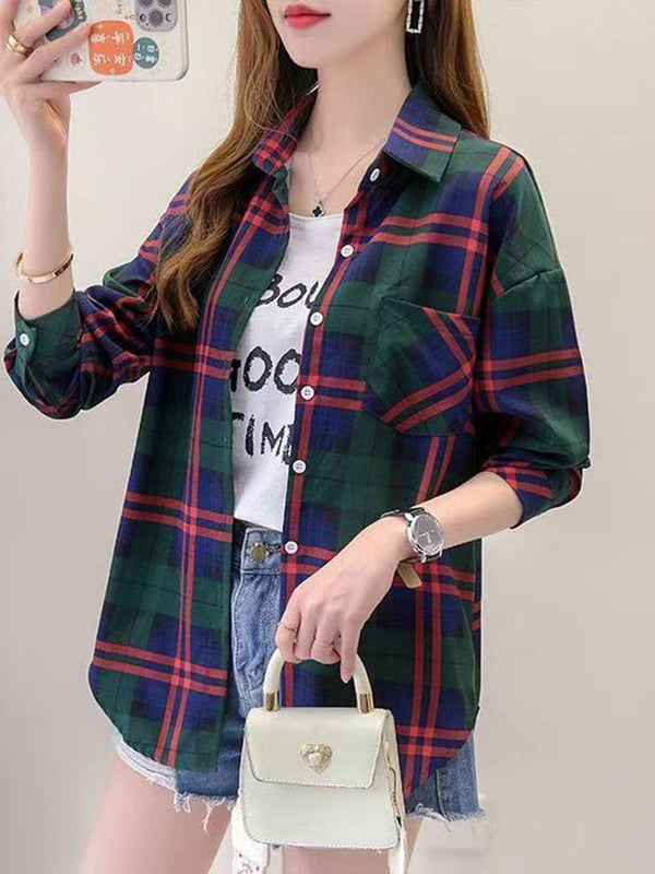 DressBerry Women Oversized Fit Tartan Checked Spread Collar Casual Shirt
