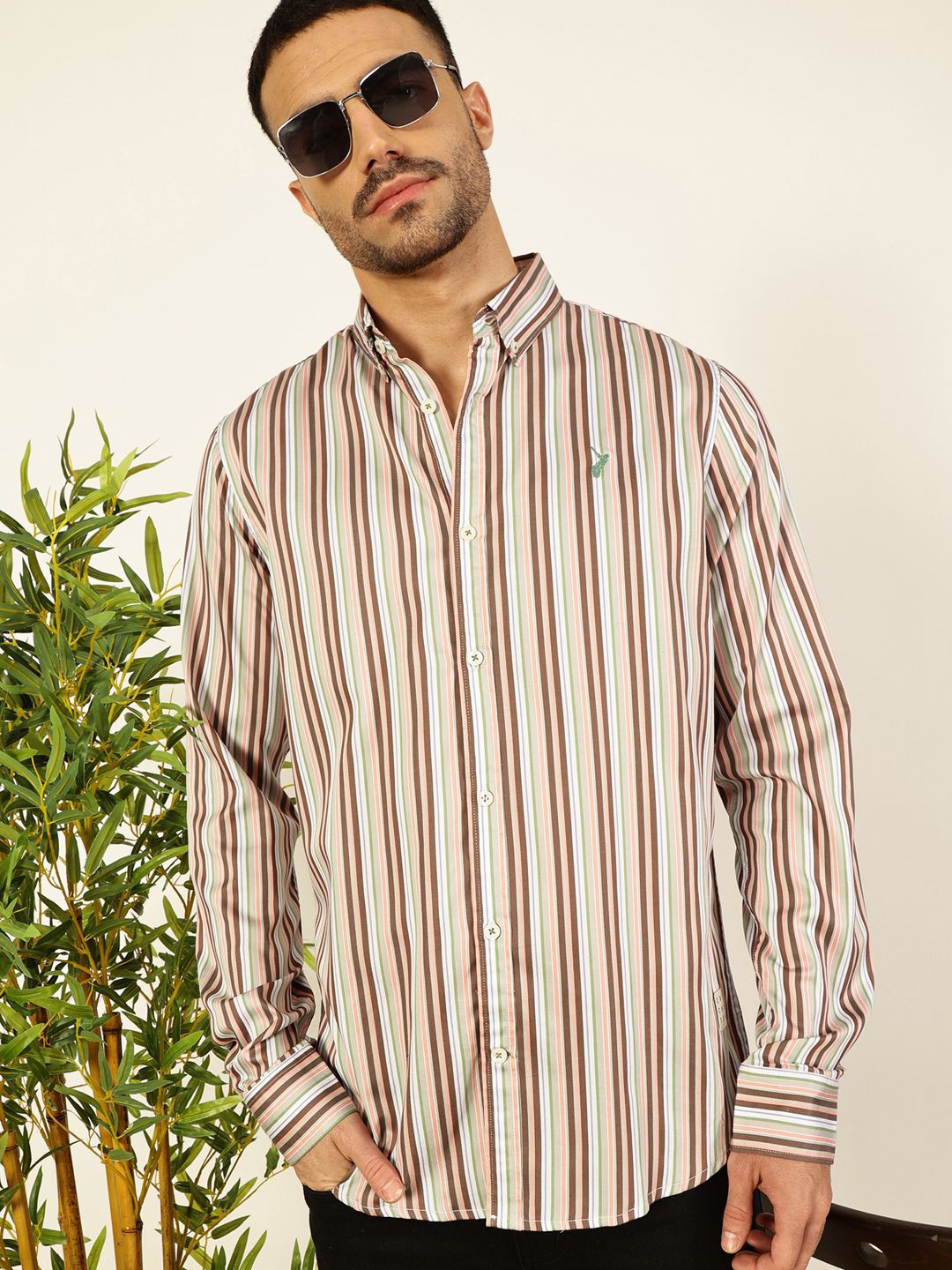 Thomas Scott Men Premium Spread Collar Multi Striped Cotton Slim Fit Casual Shirt