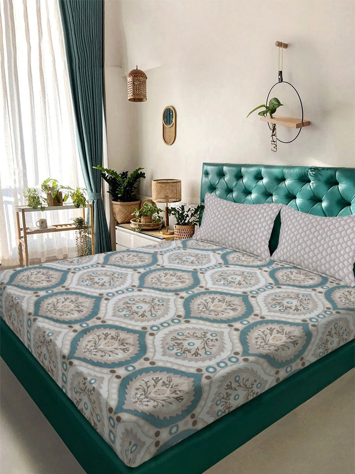 Aura Brown & Beige Ethnic Motifs 300 TC Double King Bedsheet Set 2.50 m x 2.25 m