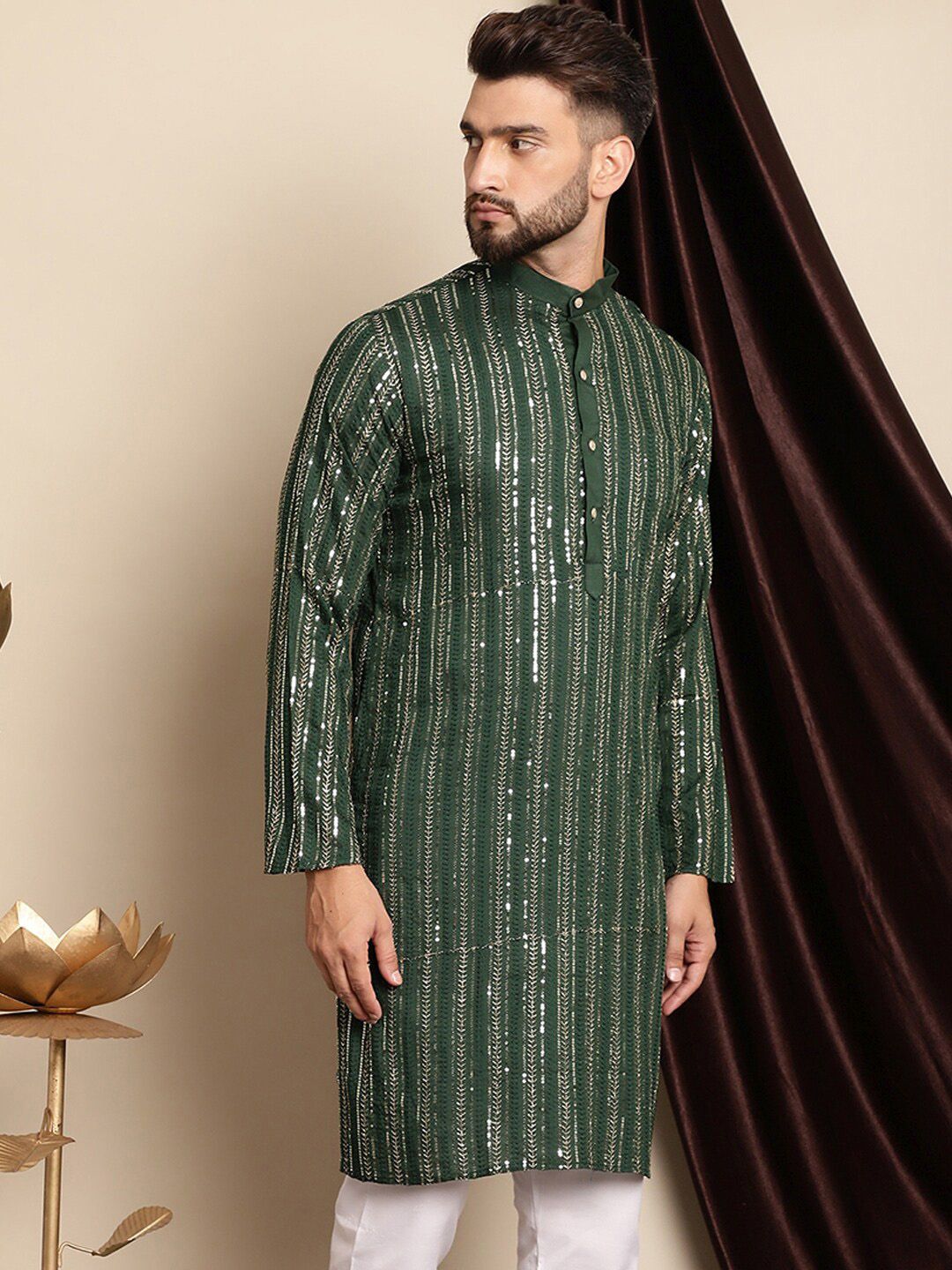 Anouk Embellished Band Collar Sequins Detail Cotton Straight Kurta