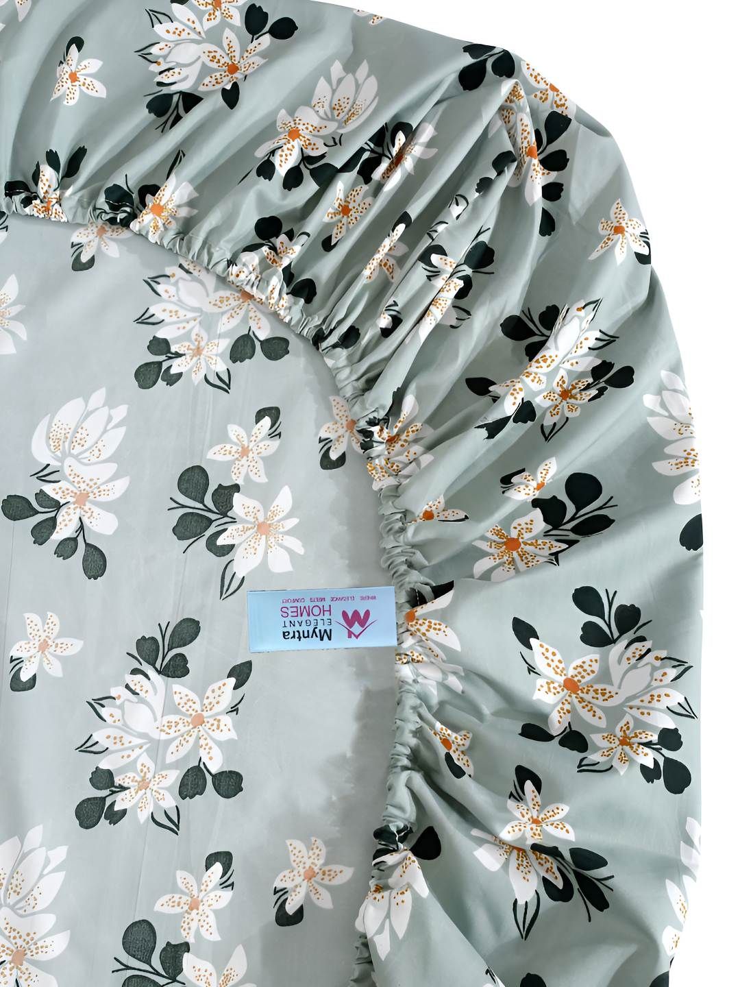 Myntra Elegant Homes Green Floral Cotton 300 TC Fitted Super King Fine Bedsheet with 2 Pillow Covers-106 x 106 inches