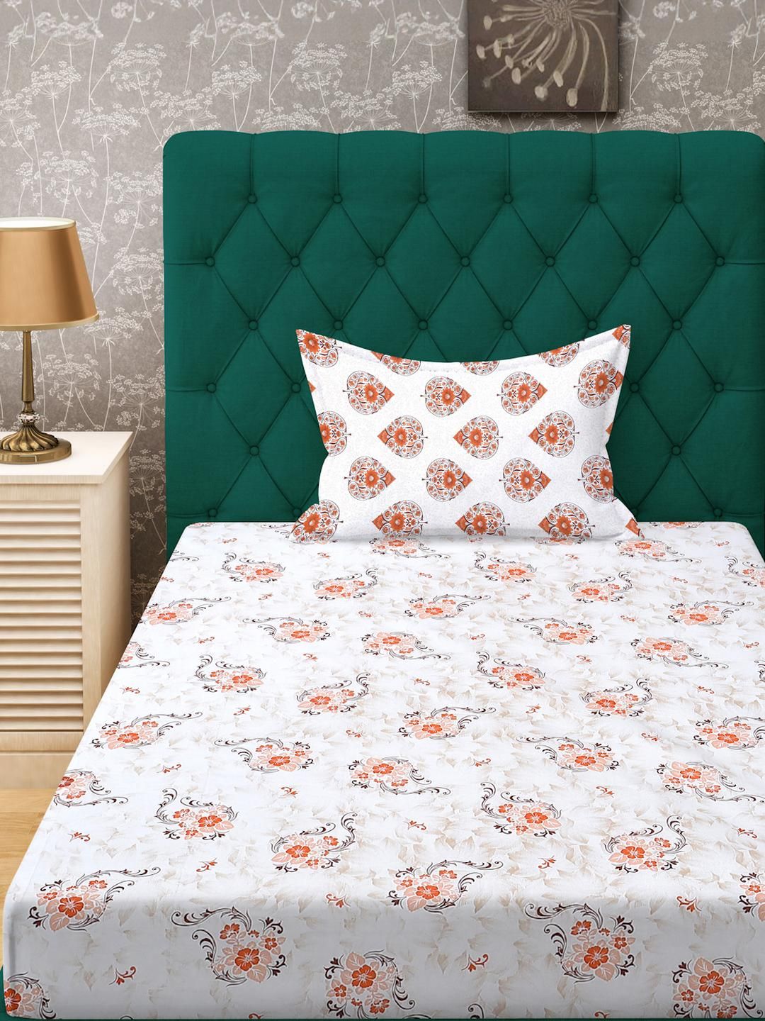 KLOTTHE Orange Cotton Floral 400 TC Single Bedsheets