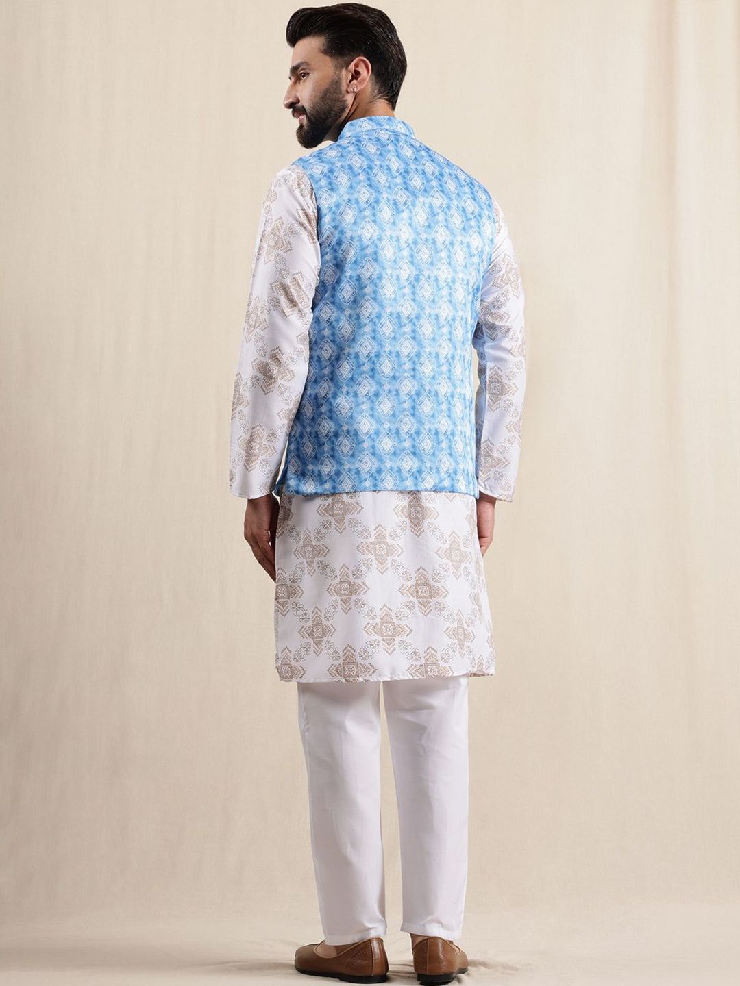 Anouk Geometric Printed Linen Straight Kurta With Pyjamas & Nehru Jacket