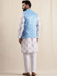 Anouk Geometric Printed Linen Straight Kurta With Pyjamas & Nehru Jacket