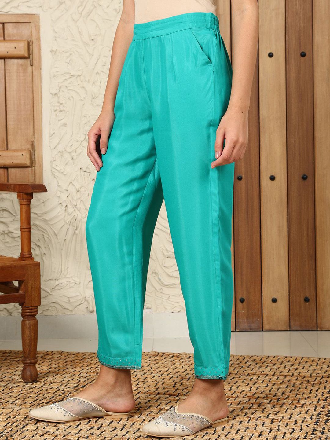 W Solid Women Straight Fit Pleated Casual Trousers