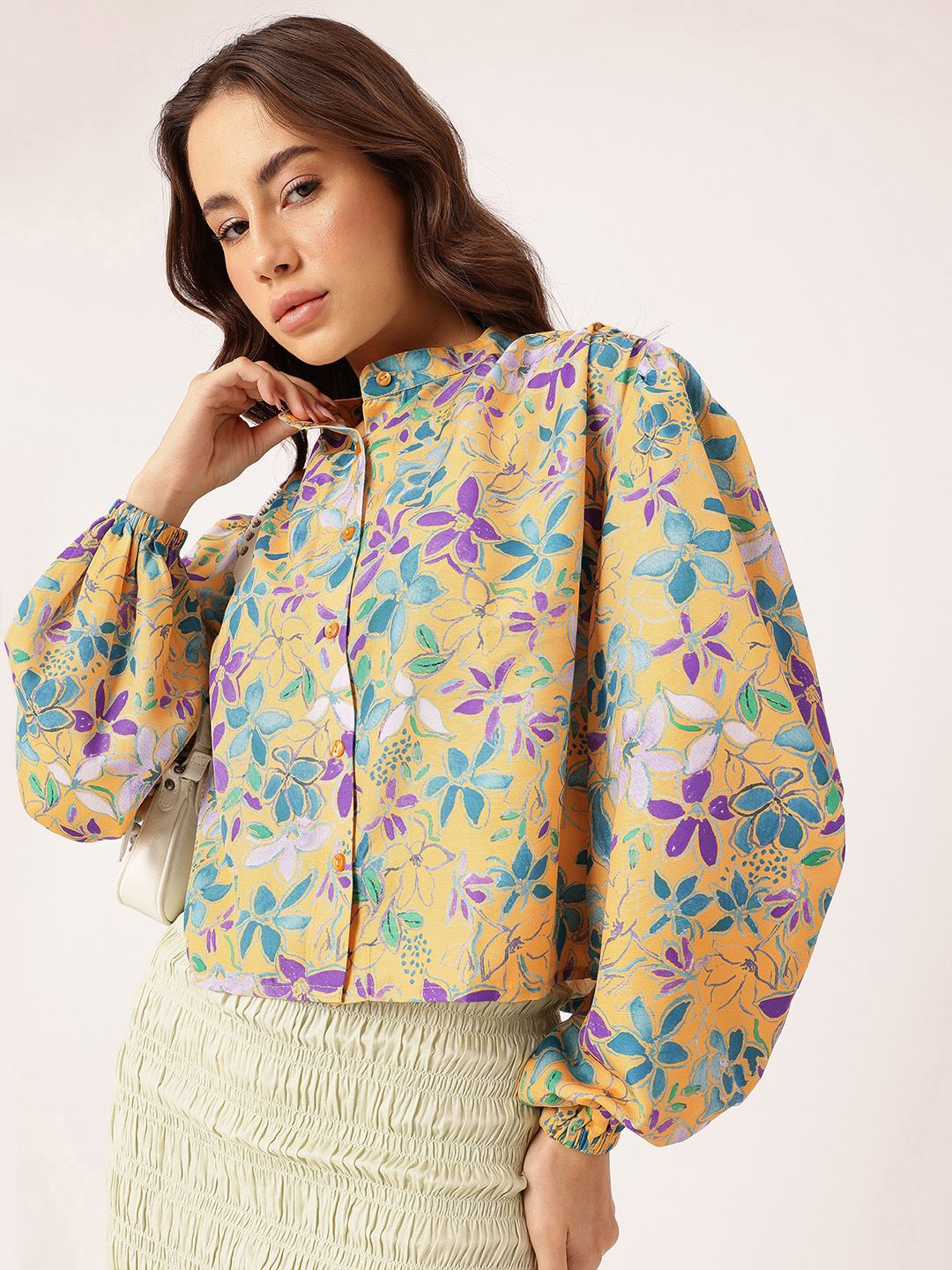 DressBerry Elegant Blooming Printed Gathers Boxy Casual Shirt