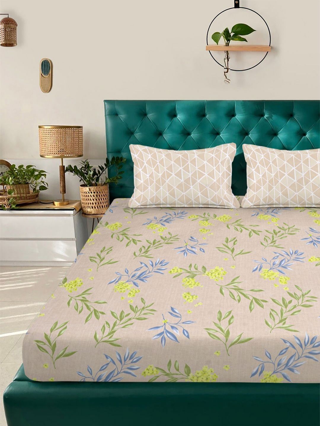 Set Cadar King Double Aura Beige & Blue Floral 300 TC 2.50 m x 2.25 m