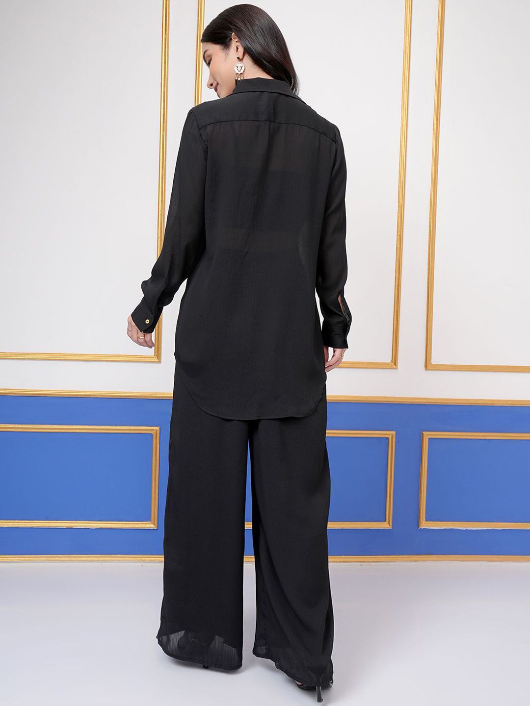 Vishudh Lapel Collar Long Sleeves Long Shirt With Palazzo With Crop Top