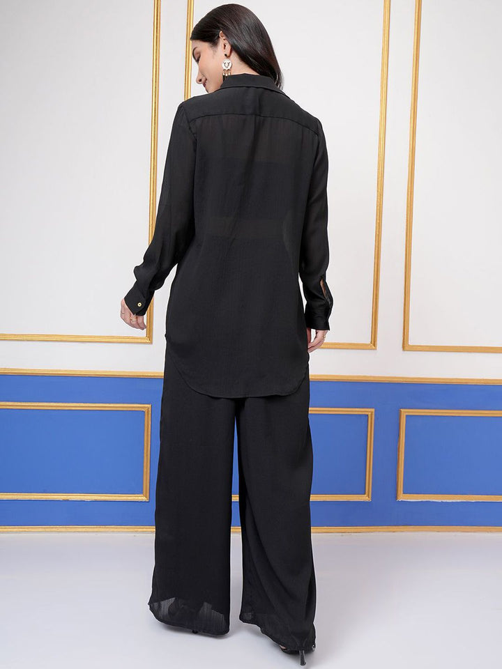 Vishudh Lapel Collar Long Sleeves Long Shirt With Palazzo With Crop Top