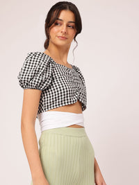 DressBerry Midnight Gingham Flossed Dip Ruched Glam Crop Top