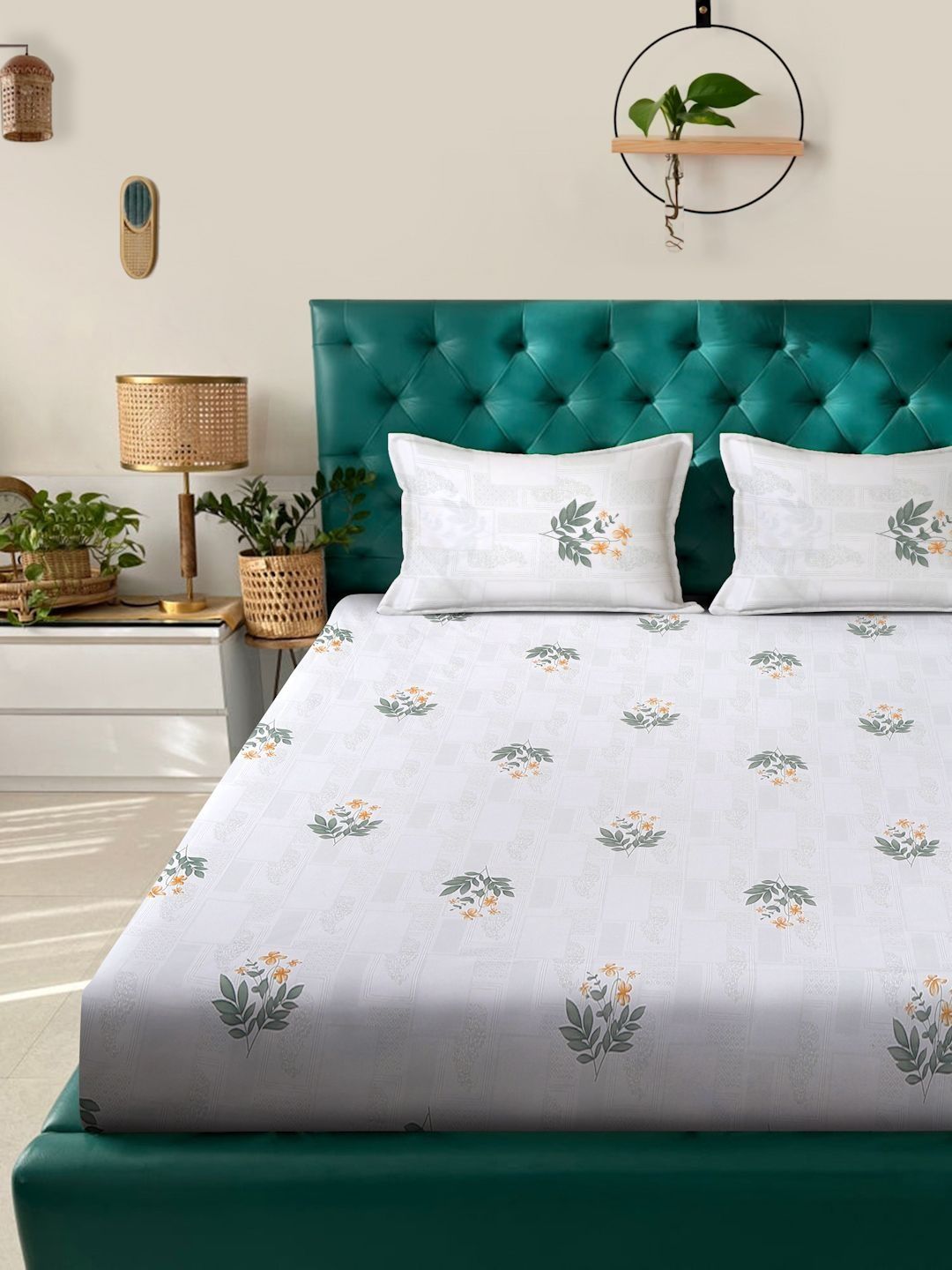 Myntra Elegant Homes White Floral 400 TC Super King Double Bedsheet dengan 2 Sarung Bantal