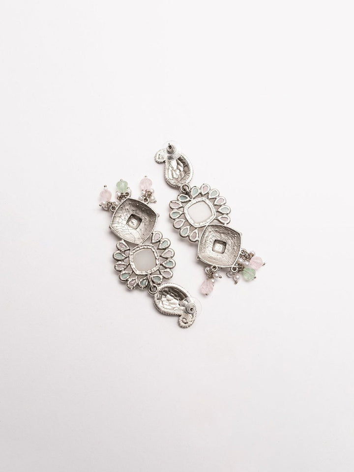PANASH Silver-Plated Stones Studded And Beaded Contemporary Shaped Oxidised Drop Earrings