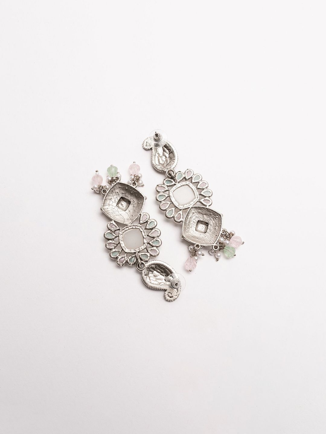 PANASH Silver-Plated Stones Studded And Beaded Contemporary Shaped Oxidised Drop Earrings