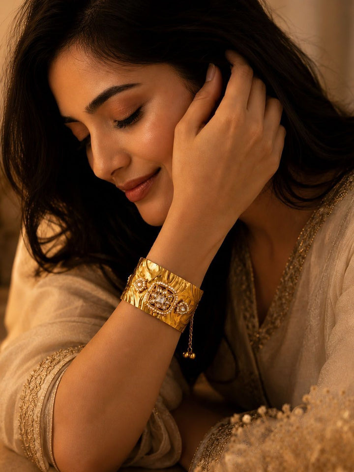 PANASH Gold-Plated Artificial Stones Studded Cuff Bracelet