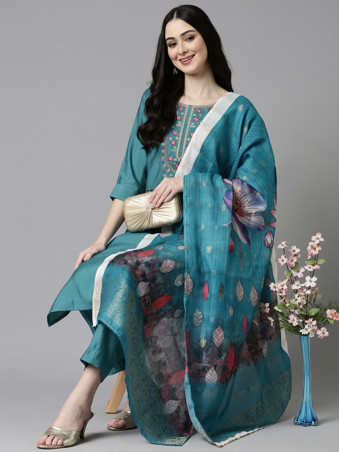 Anouk Sea Green Ethnic Motifs Embroidered Straight Kurta With Trousers & Dupatta
