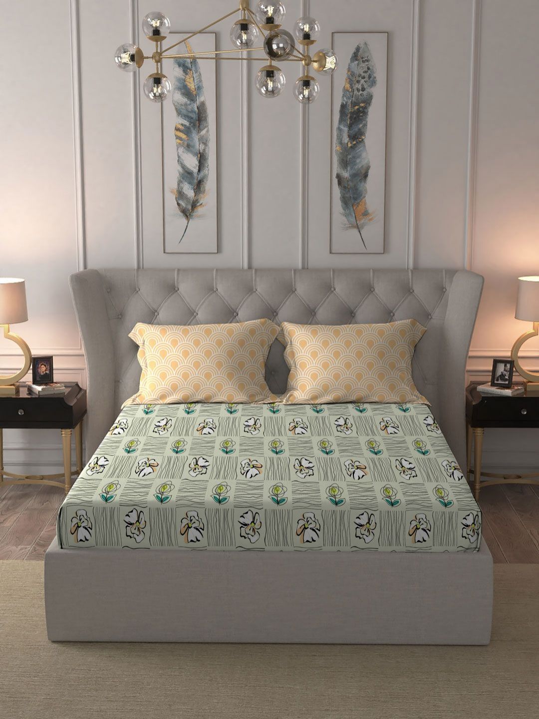 TRIDENT Poppy Green Moments Flat 120TC Queen Cotton Bedsheet Set