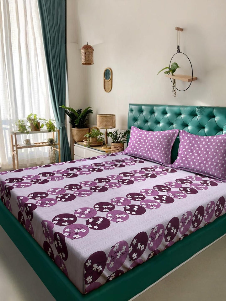 KLOTTHE Purple And White Floral Printed Cotton 400 TC Double Bedsheet Set 2.50 m x 2.20 m