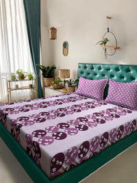 KLOTTHE Purple And White Floral Printed Cotton 400 TC Double Bedsheet Set 2.50 m x 2.20 m