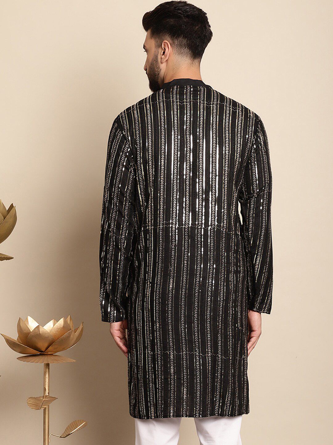 Anouk Embellished Mandarin Collar Sequins Detail Cotton Straight Kurta