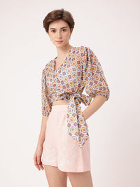 DressBerry Stylish Heritage Print Semi Sheer Crop Wrap Top With Inner Slip