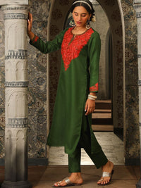 House of Chikankari Women Green Woolen Aari Sulam Set Kurta