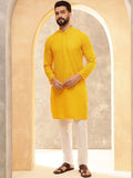 Anouk Mustard Kolar Mandarin Bersulam Geometri Kurta Lurus Kapas Tulen Bersulam