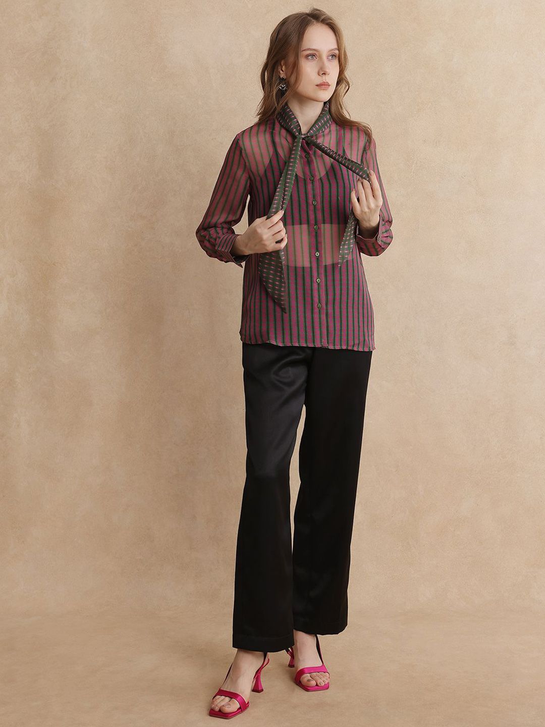 RAREISM Women Checked Tie-Up Neck Shirt Style Top
