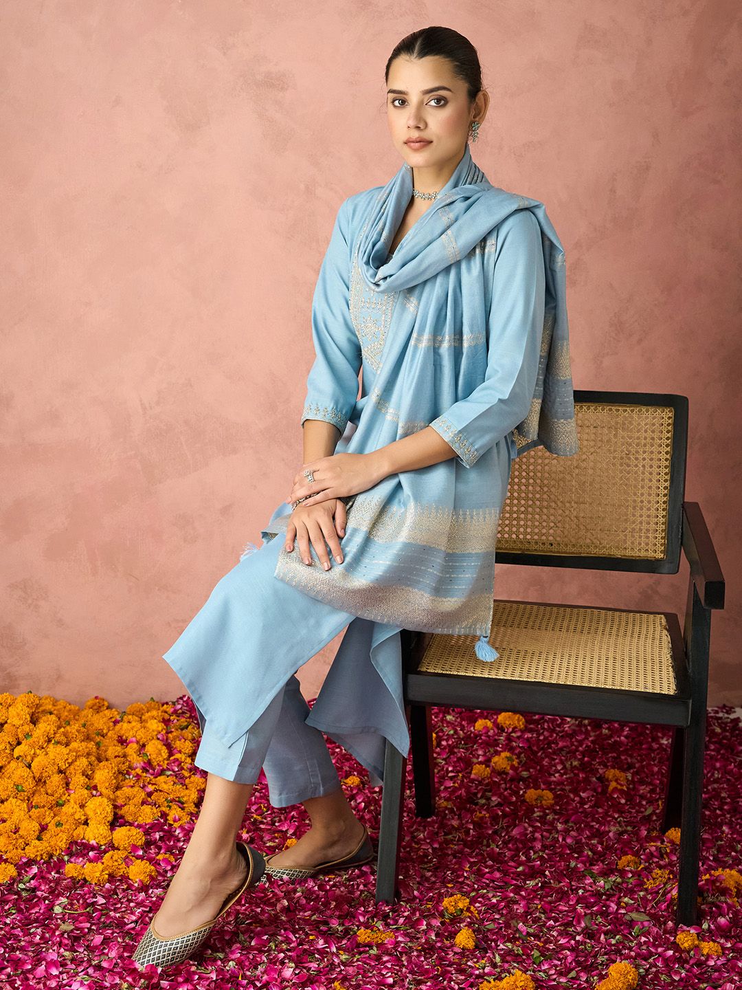 KALINI Floral Yoke Design Straight Thread Work Kurta with Trousers & Dupatta