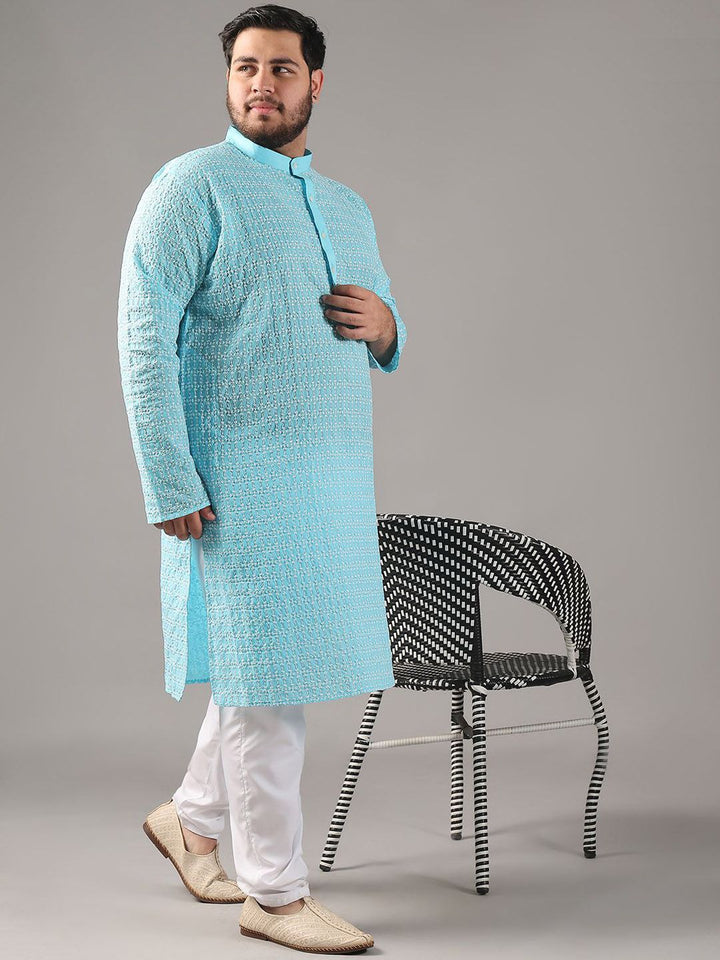 SOJANYA PLUS Plus Size Lelaki Motif Etnik Sulam Kurta Kapas Tulen Bersama Piyama