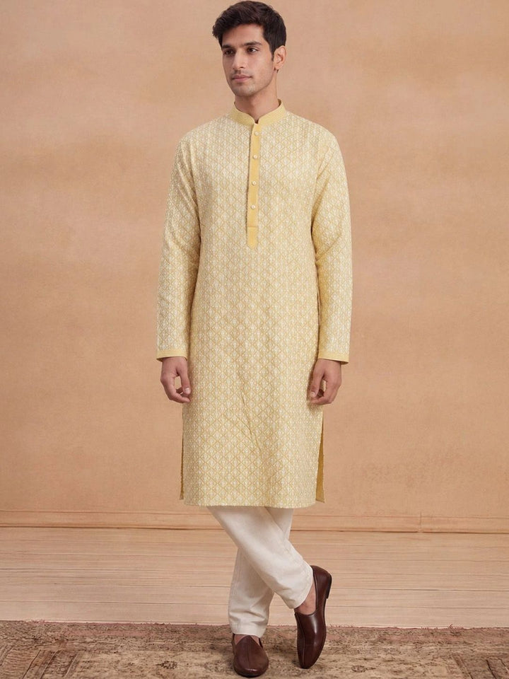 House of Chikankari Lelaki Rekaan Tenun Kurta Kapas Kolar Mandarin