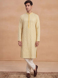 House of Chikankari Lelaki Rekaan Tenun Kurta Kapas Kolar Mandarin
