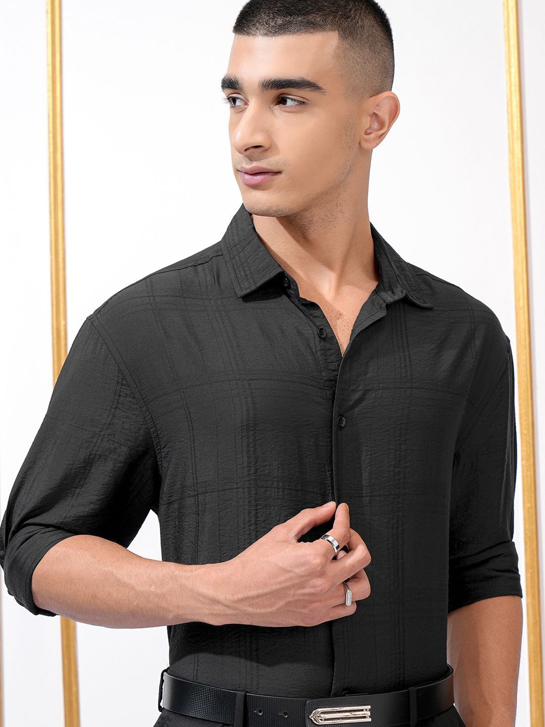 Highlander Men Jacquard Textured Slim Fit Checked Shirt