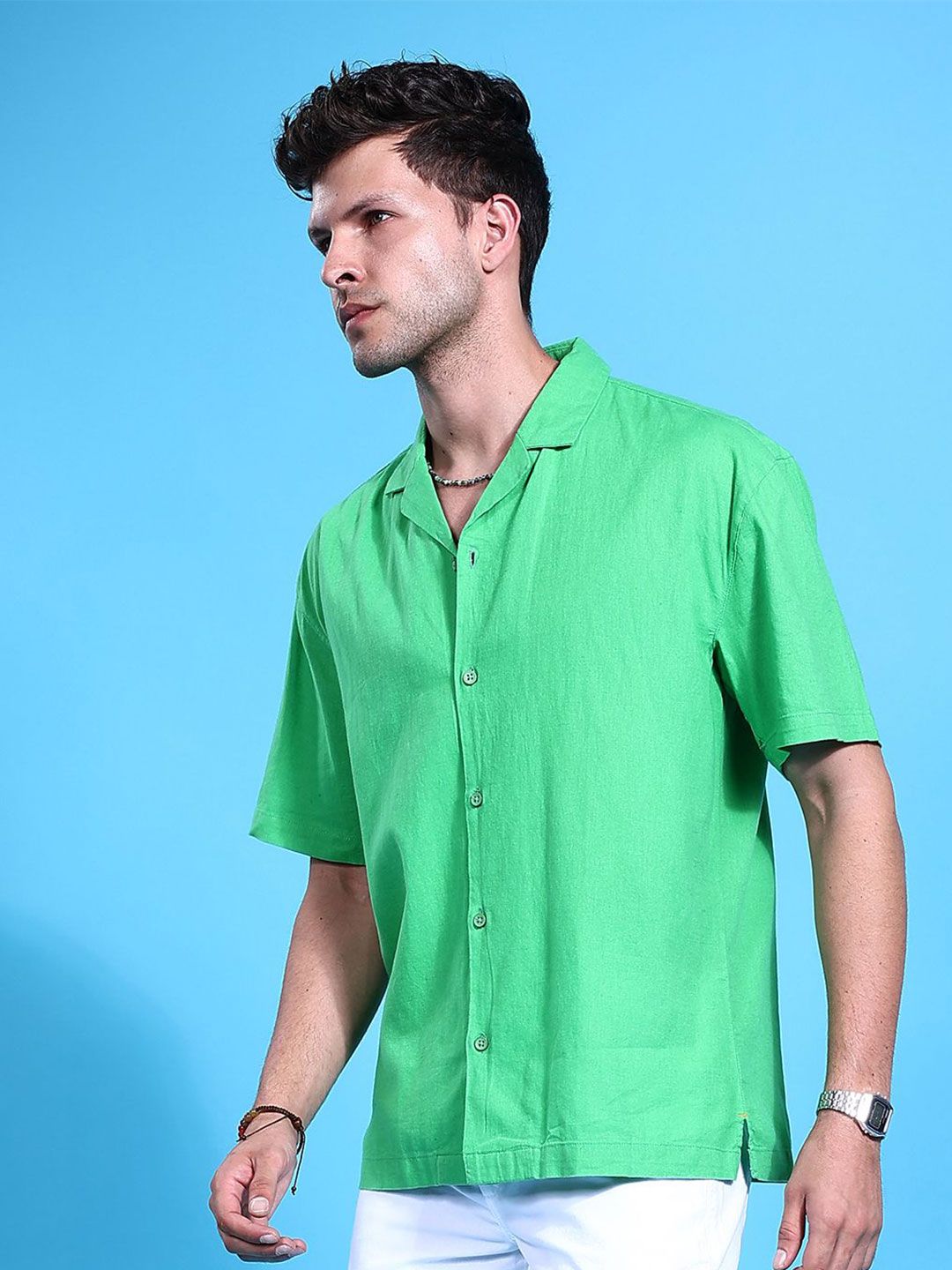 The Indian Garage Co Men Cuban Collar Relaxed Fit Linen Resortwear Shirt