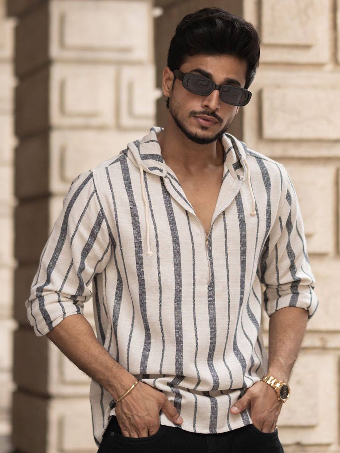Powerlook Men Vertical Striped Hooded Casual Shirt
