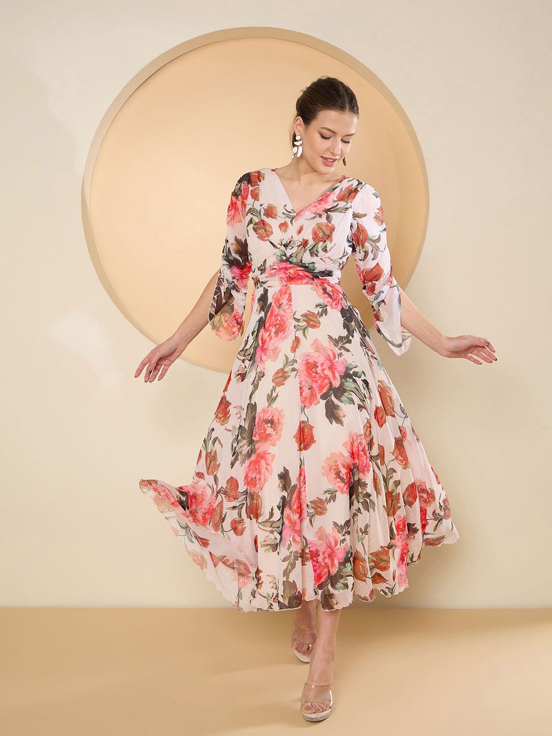 Antheaa Floral Print Chiffon Fit & Flare Midi Dress