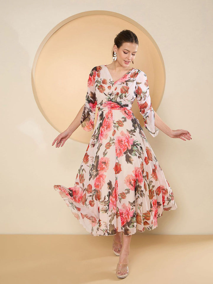 Antheaa Floral Print Chiffon Fit & Flare Midi Dress