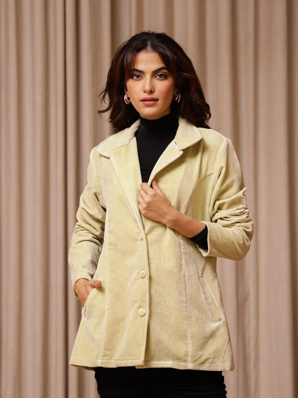 Sanskrutihomes Wanita Lapel Collar Pepejal Velvet Kasual Jaket Disesuaikan