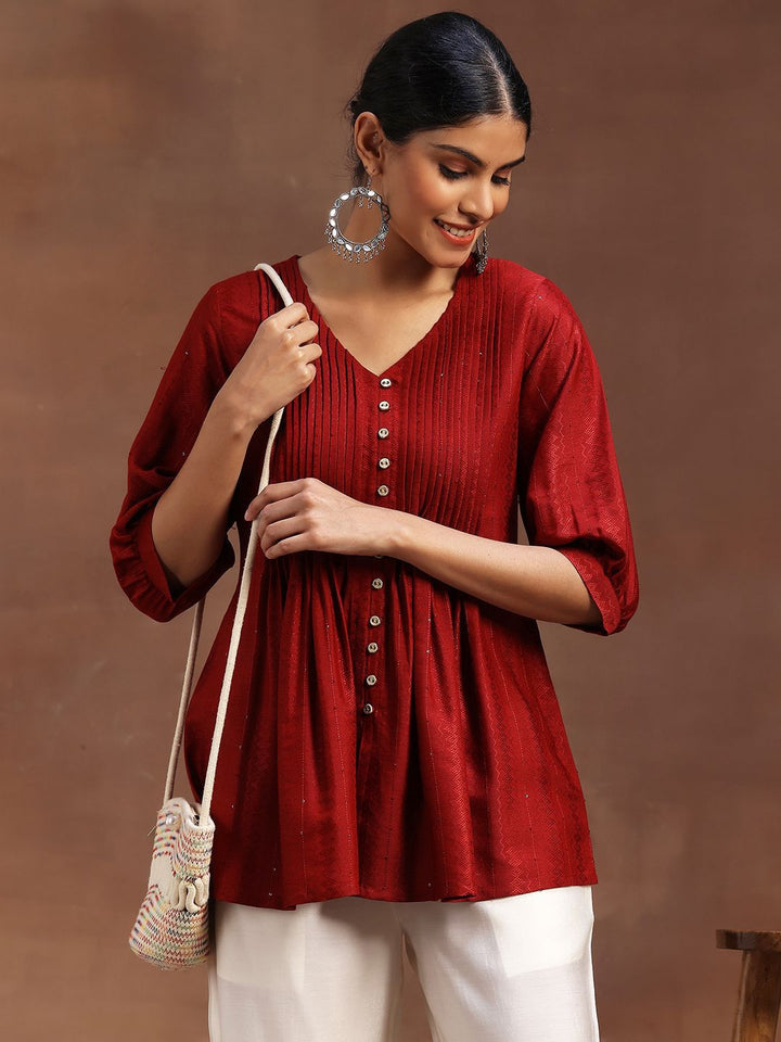 Libas Woven Design V-Neck Pleated Kurti