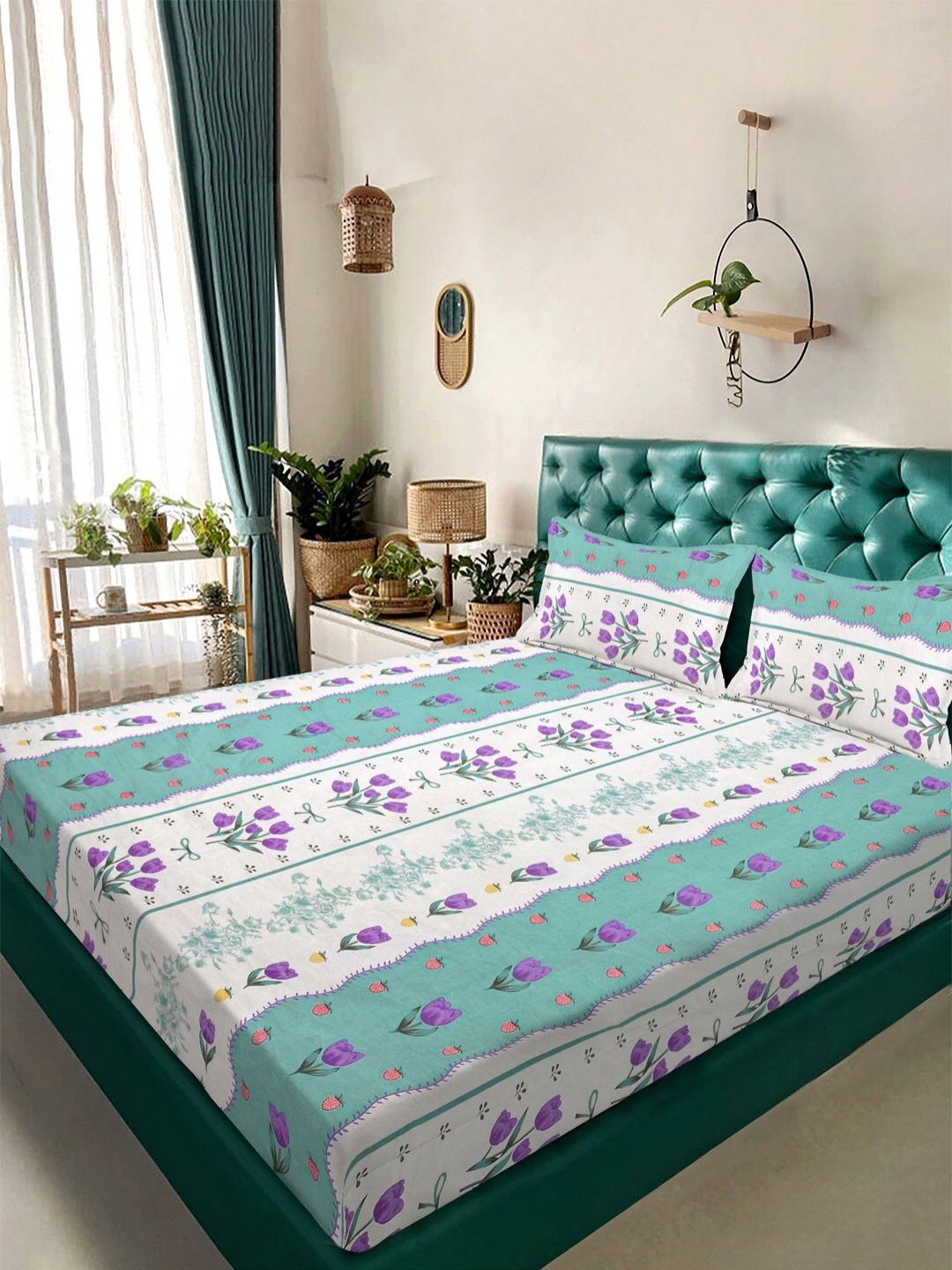 Myntra Elegant Homes Green Floral Polycotton 300 TC King Fine Bedsheet dengan 2 Sarung Bantal-98 x 89 inci