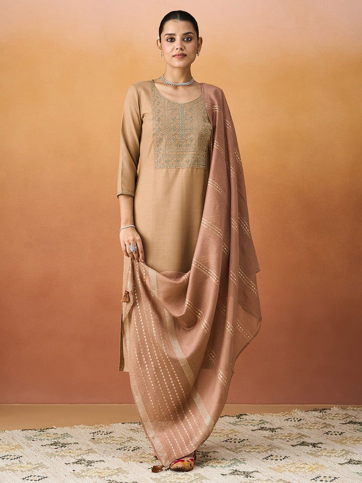 KALINI Ethnic Motifs Embroidered Straight Kurta With Trousers & Dupatta